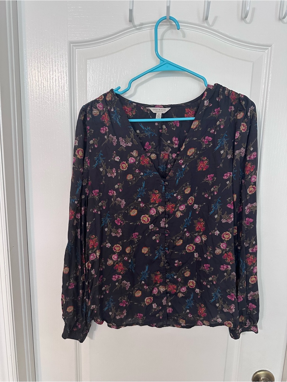Lucky Brand Dark Floral Viscose Button Front Blouse M